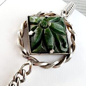 Vintage Carved Spinach Green Bakelite Medallion Bracelet with Silver Tone Chain